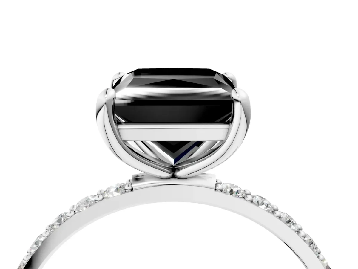 Fancy Black Princess Cut Diamond Solitaire Ring with Round Pavé Band and Prong Setting Silver