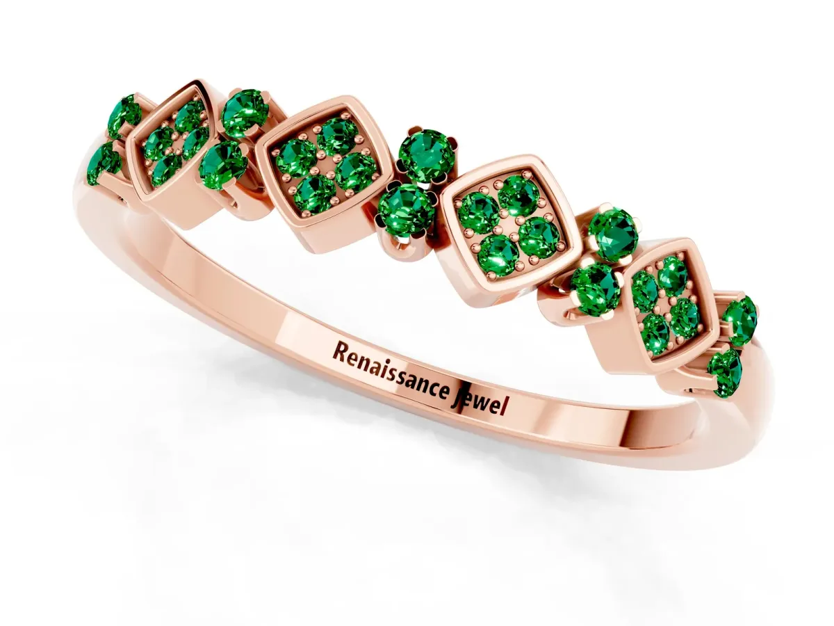 Pavé Cushion Emerald Cluster Eternity Band with Prong Setting Rose gold