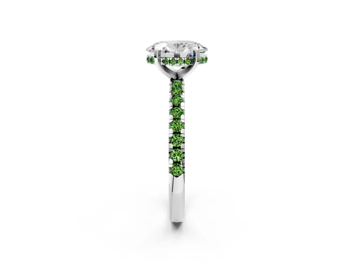 Oval Cut Diamond Solitaire Ring with Round Peridot Pavé Band and Four-Prong Setting Silver
