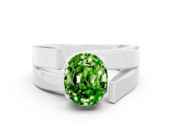 Modern Tension Set Oval Cut Peridot Solitaire Wide Band Ring Platinum