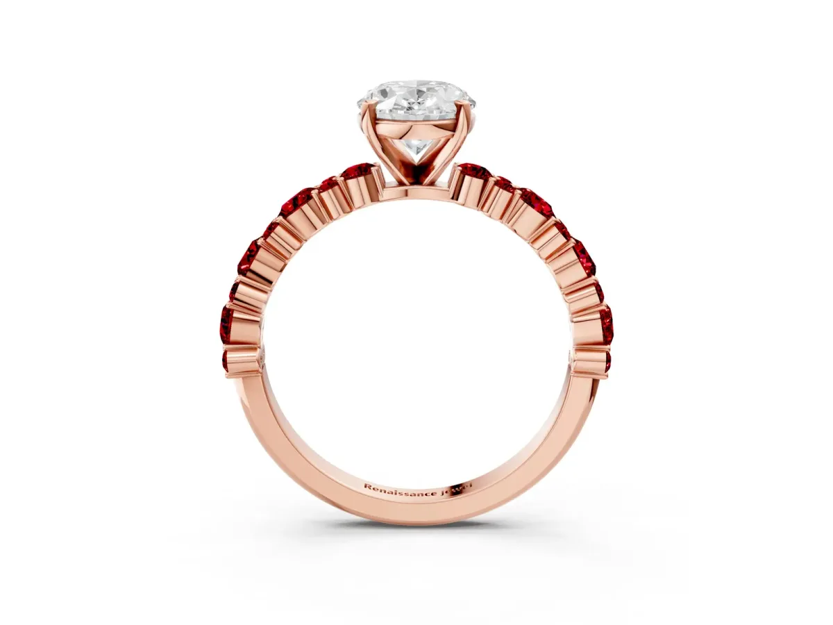 Oval Cut Diamond Side Stone Solitaire Ring with Round Ruby and Four-Prong Setting Rose gold