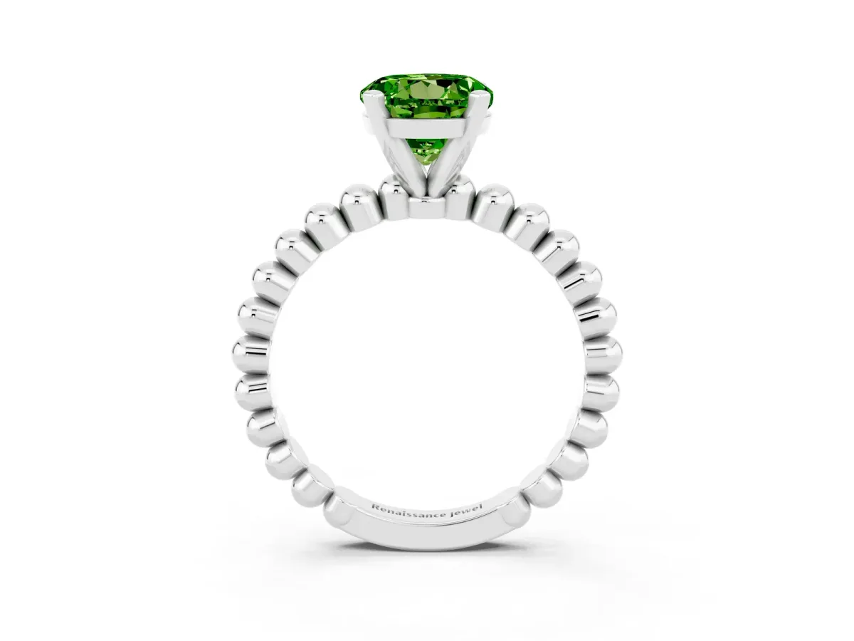 Round Cut Peridot Solitaire Ring with Beaded Band and Prong Setting Silver
