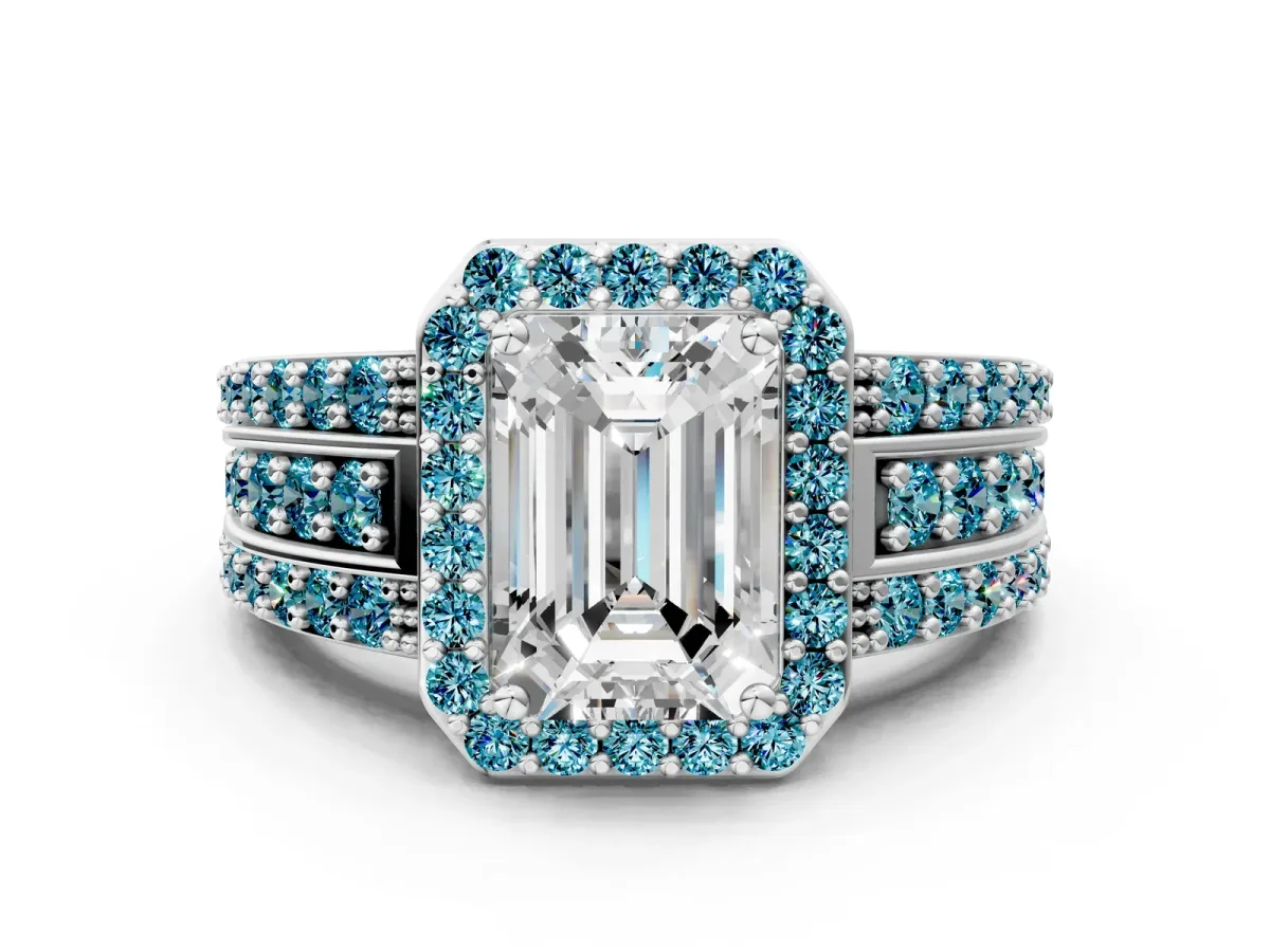 Emerald Cut Halo Diamond Ring with Round Blue Topaz Split Shank and Prong Setting Platinum