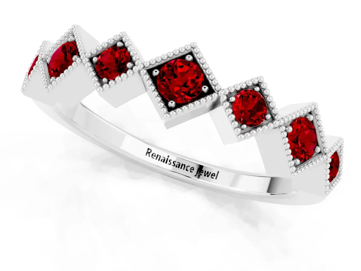 Milgrain Square Bezel Round Ruby Chevron Band Silver