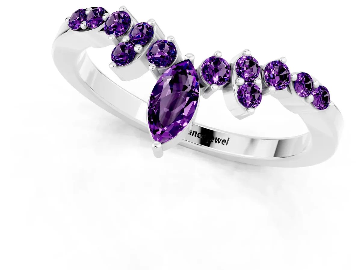 Marquise and Round Amethyst Chevron Band with Prong Setting Platinum