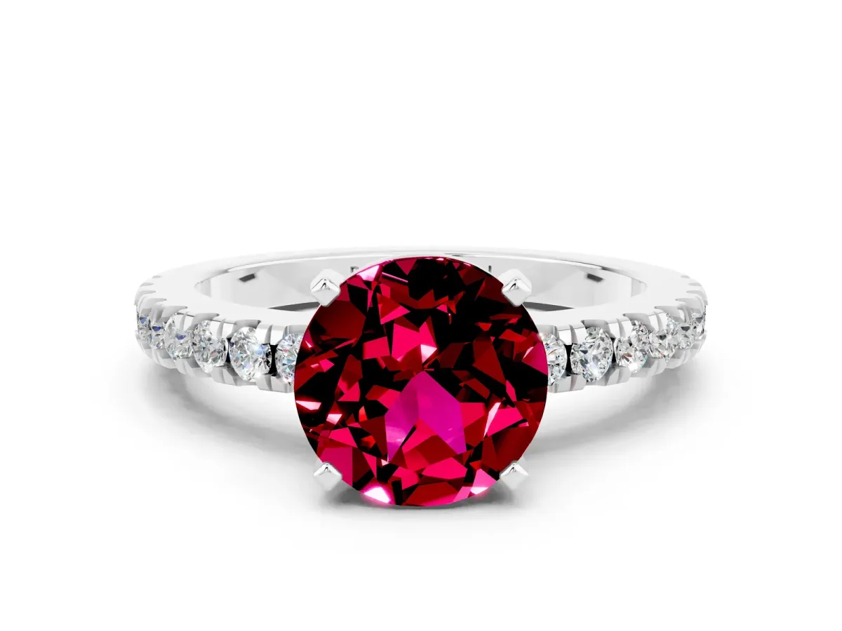 Round Cut Solitaire Garnet with Pavé Band and Four-Prong Setting Platinum