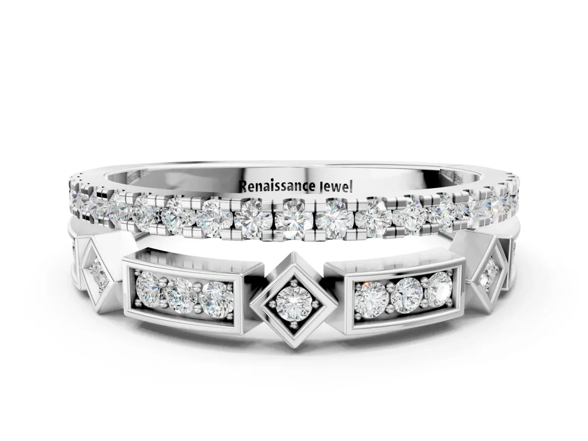Pavé Round Diamond Channel Set Dual Band with Prong Setting Platinum