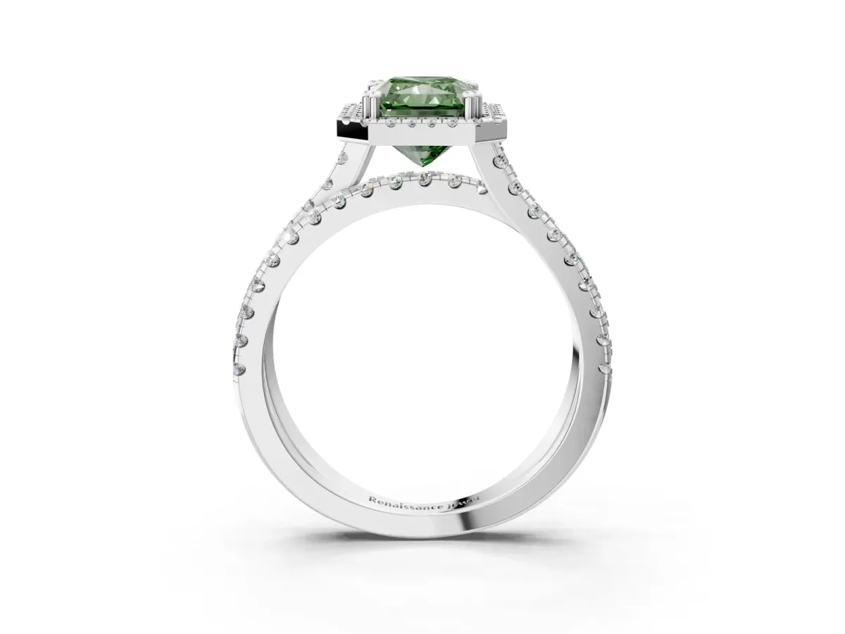 Fancy Green Radiant Cut Halo Split Shank Diamond Ring with Pavé Setting Platinum