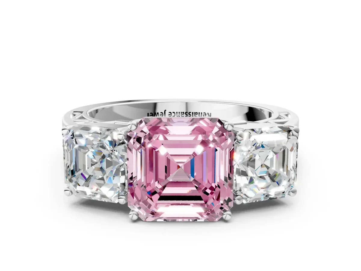 Fancy Pink Asscher Cut Diamond Three-Stone Ring with Prong Setting and Textured Band Platinum