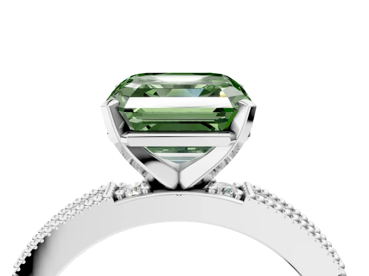 Fancy Green Asscher Cut Solitaire with Pavé Band and Four-Prong Setting Silver