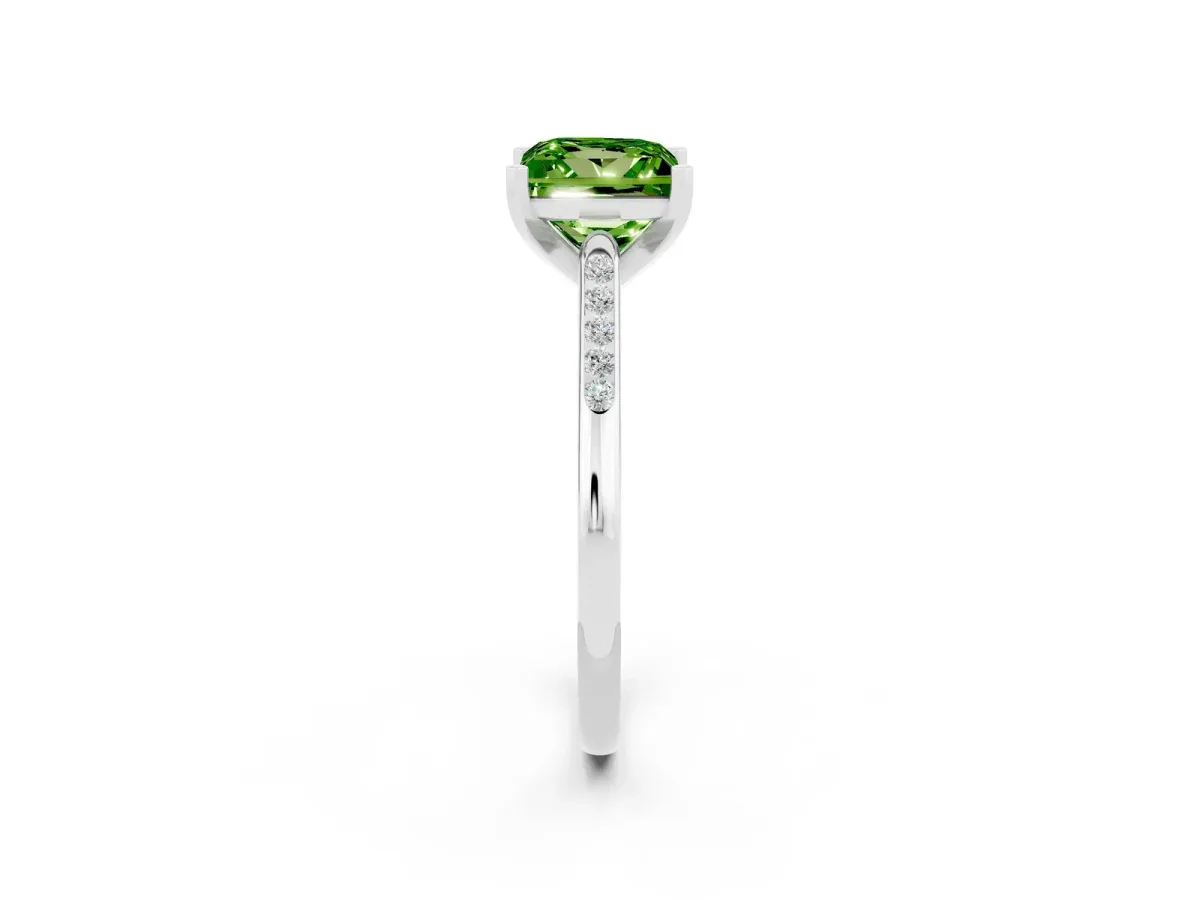 Princess Cut Peridot Solitaire Ring with Channel Set Round Band and Prong Setting Silver