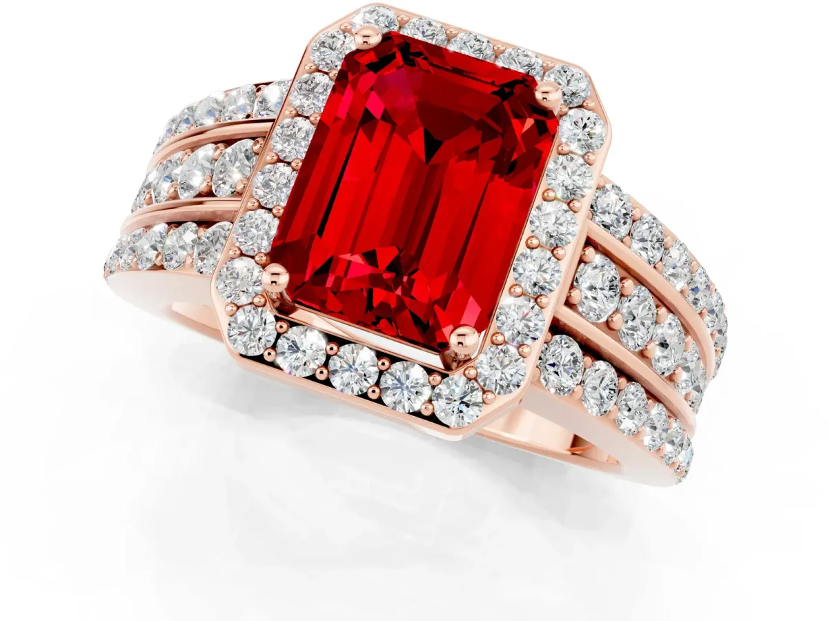 Emerald Cut Halo Ruby Ring with Round Split Shank and Prong Setting Rose gold