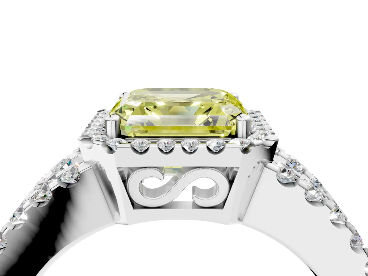 Fancy Yellow Asscher Cut Cut Halo Split Shank Diamond Ring with Four-Prong Setting Platinum