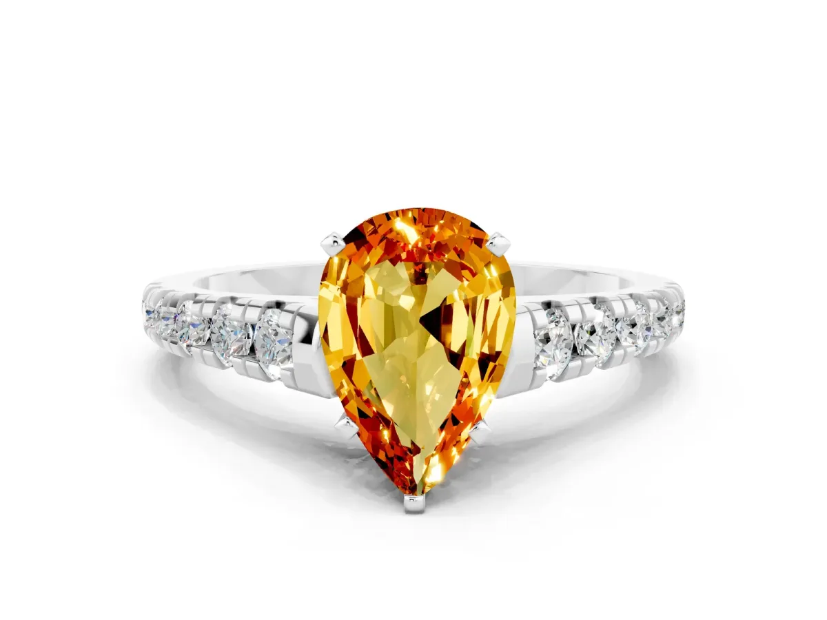 Pear Cut Citrine Cathedral Solitaire Ring with Round Pavé Band Platinum