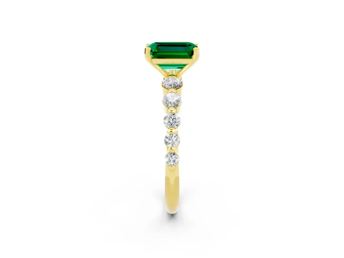 Emerald Cut Solitaire Emerald Ring with Pave Band and Four-Prong Setting Yellow gold