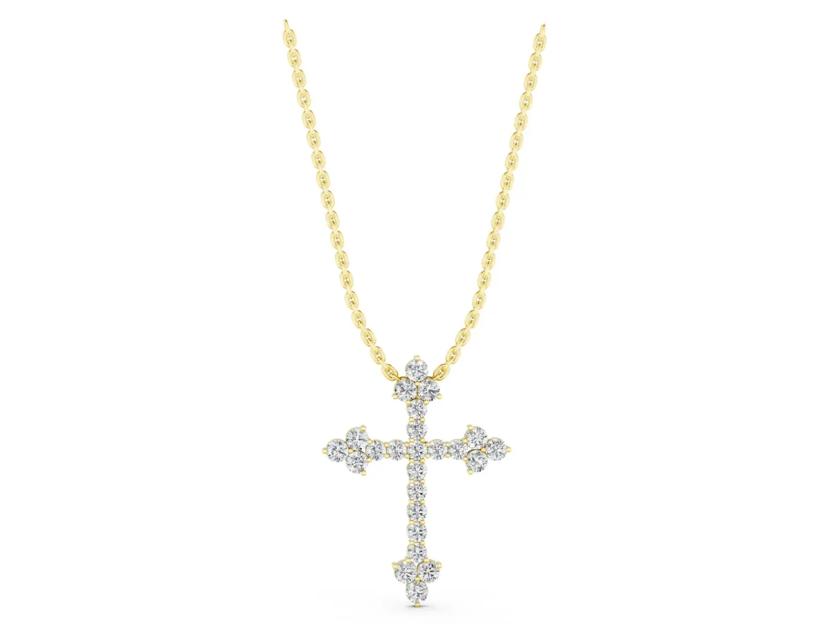 Round Diamond Cluster Cross Pendant with Prong Setting Yellow gold