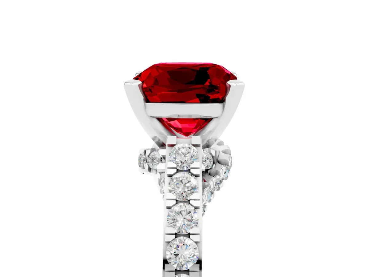 Cushion Cut Ruby Solitaire Ring with Crossover Gallery and Round Pavé Band Platinum
