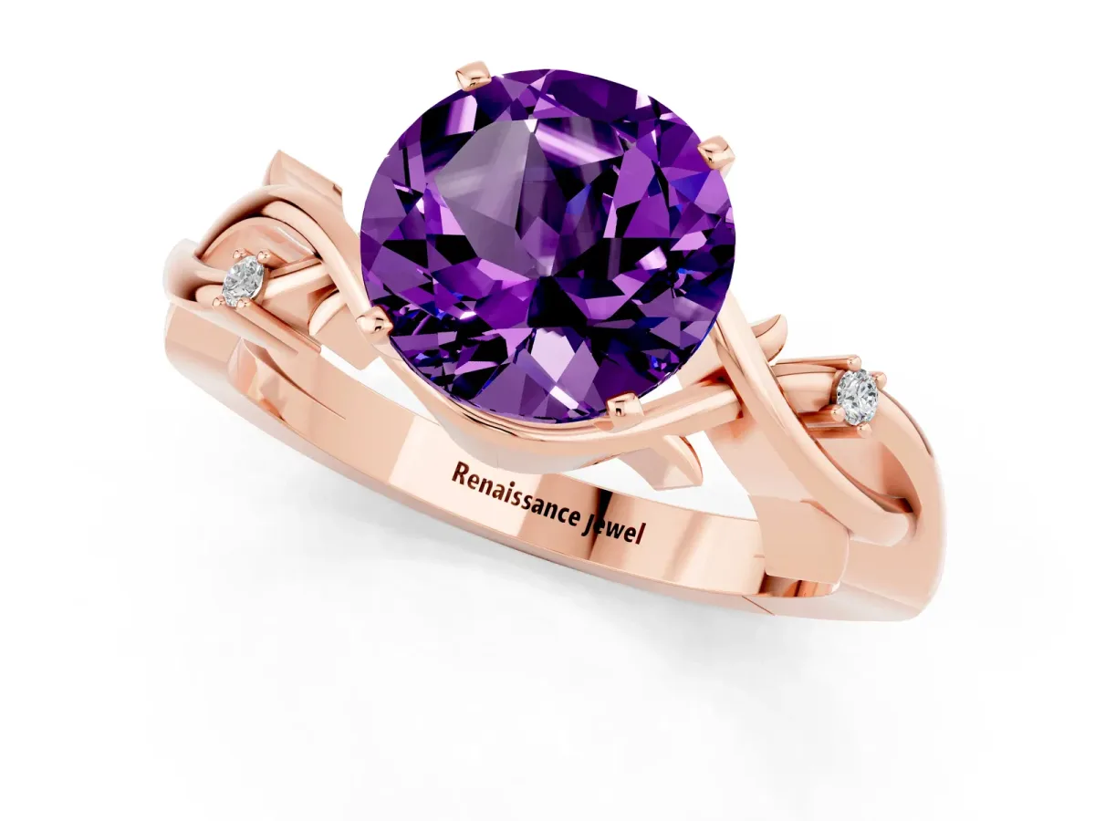 Round Cut Amethyst Solitaire Ring with Twisted Band and Prong Setting Rose gold