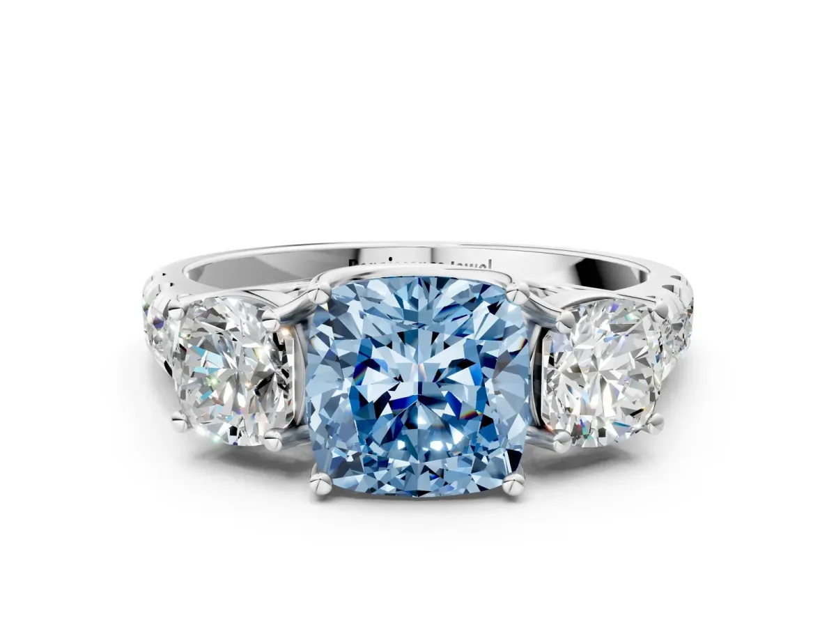 Fancy Blue Three-Stone Cushion Cut Diamond Pavé Band with Prong Setting Platinum