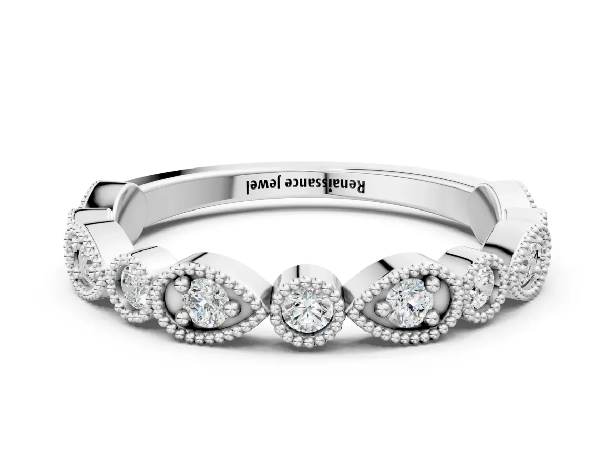 Milgrain Bezel Set Pear and Round Diamond Eternity Band Silver