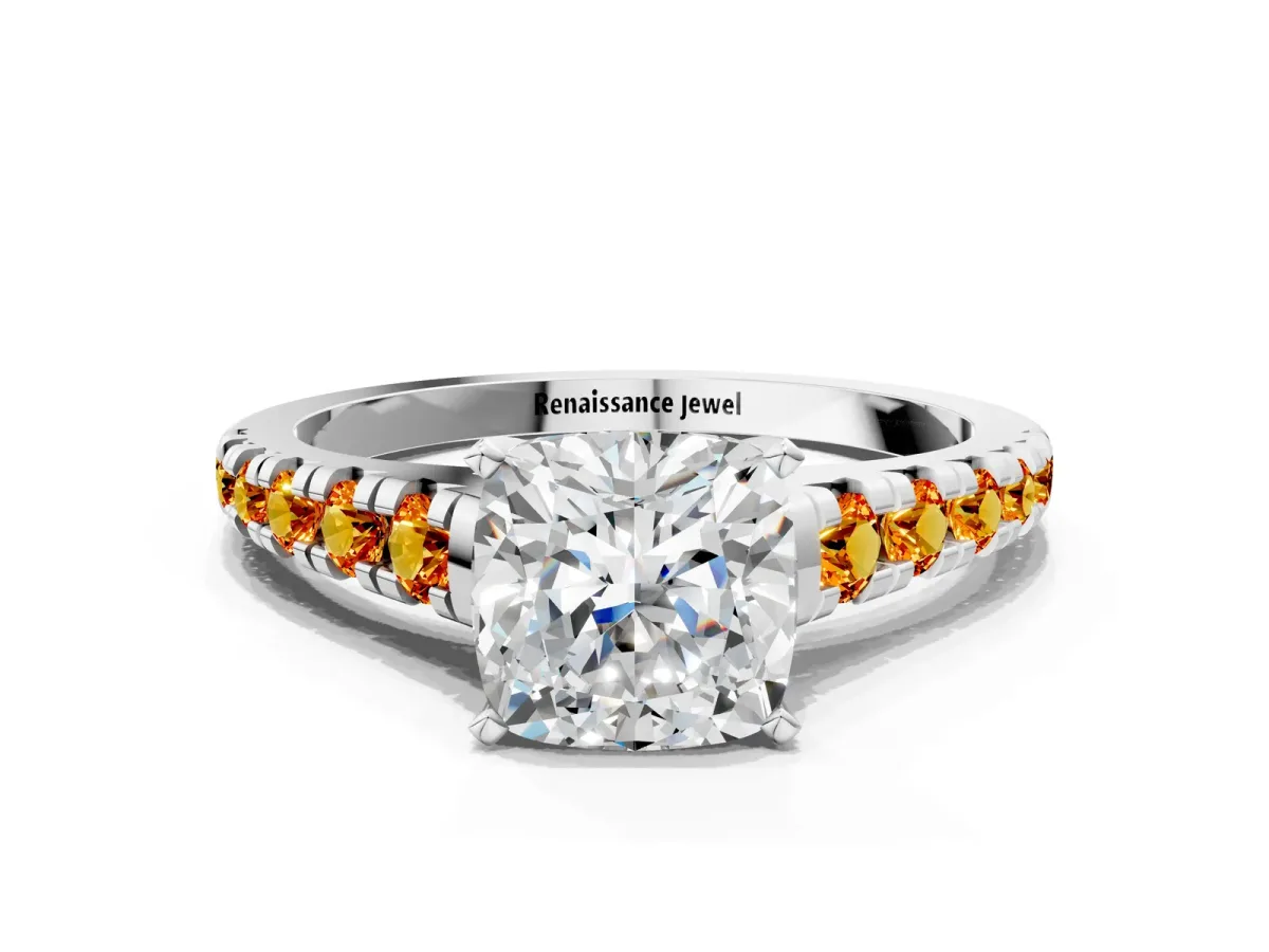 Cushion Cut Diamond Cathedral Solitaire Ring with Round Citrine Pavé Band Silver