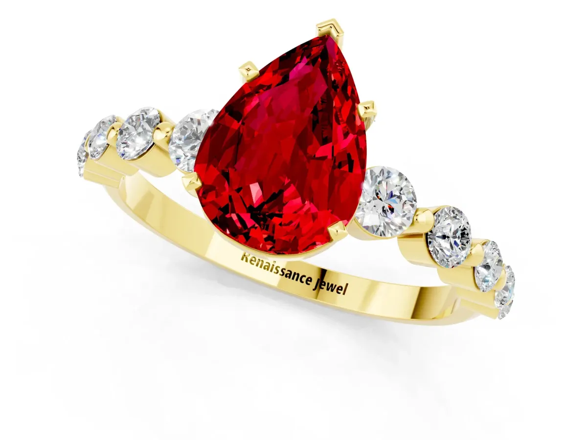 Pear Cut Solitaire Ruby Ring with Pave Band and Four-Prong Setting Yellow gold