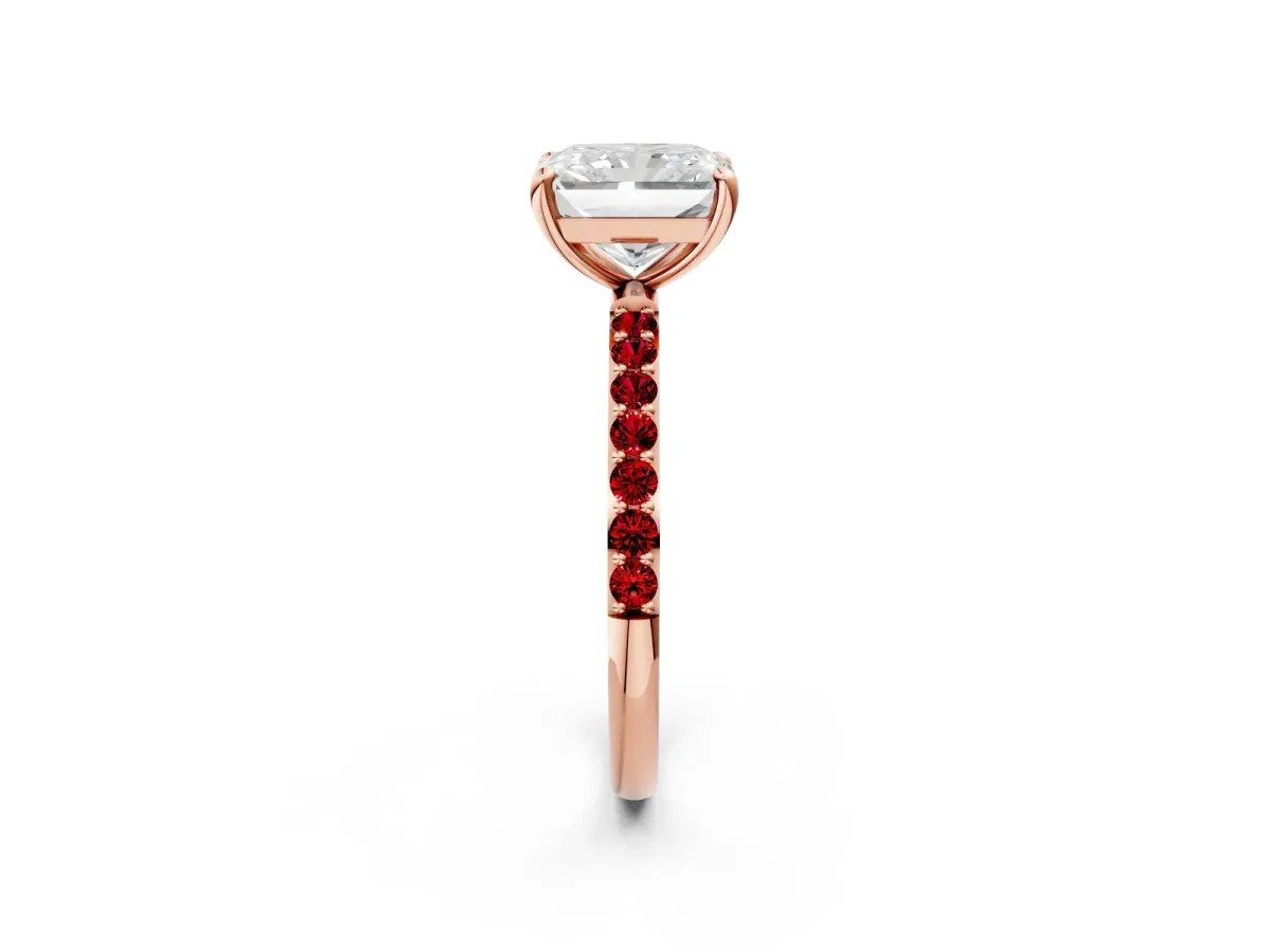 Radiant Cut Diamond Solitaire Ring with Round Ruby Pavé Band and Prong Setting Rose gold