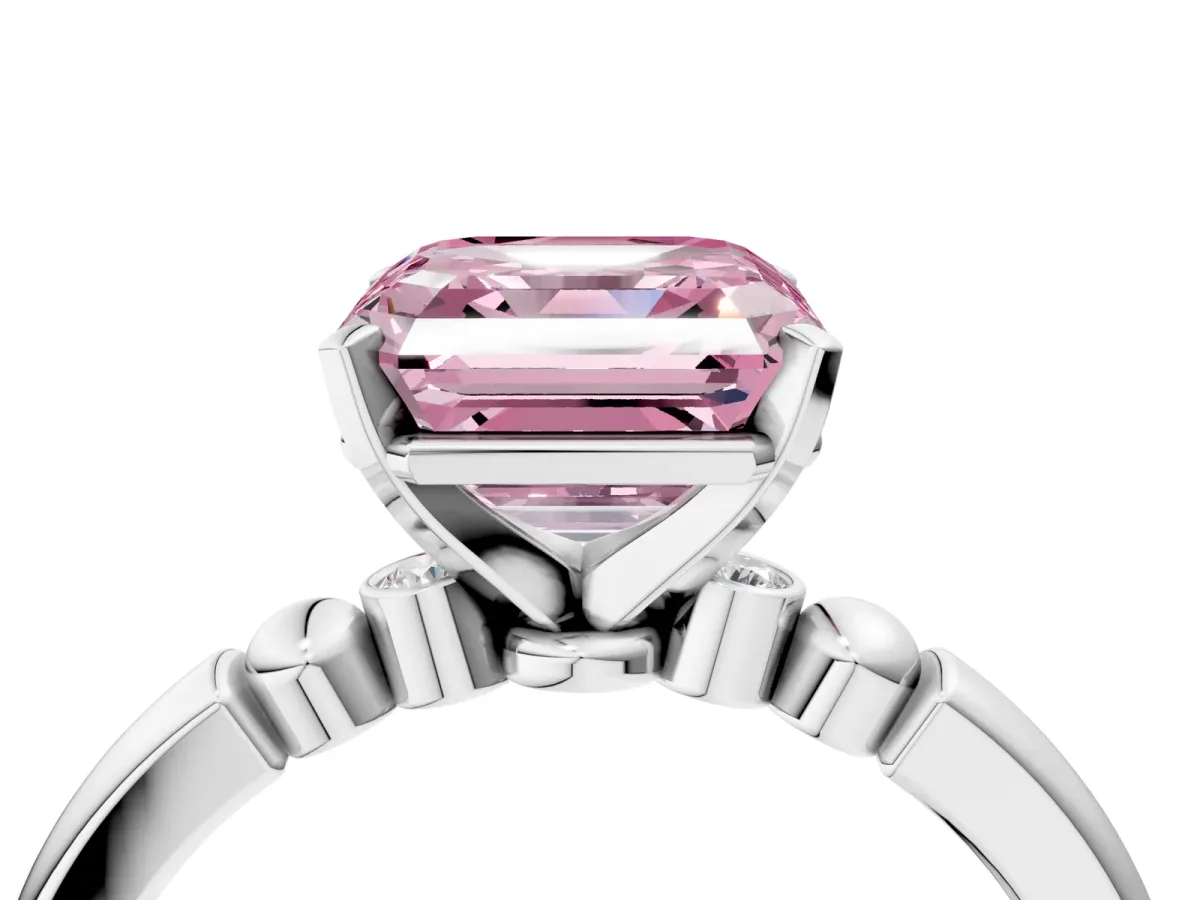 Fancy Pink Asscher Cut Solitaire Beaded Band with Four-Prong Setting Platinum
