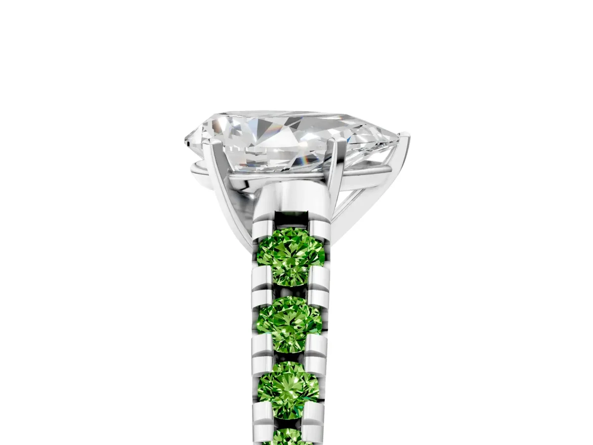 Pear Cut Diamond Cathedral Solitaire Ring with Round Peridot Pavé Band Platinum