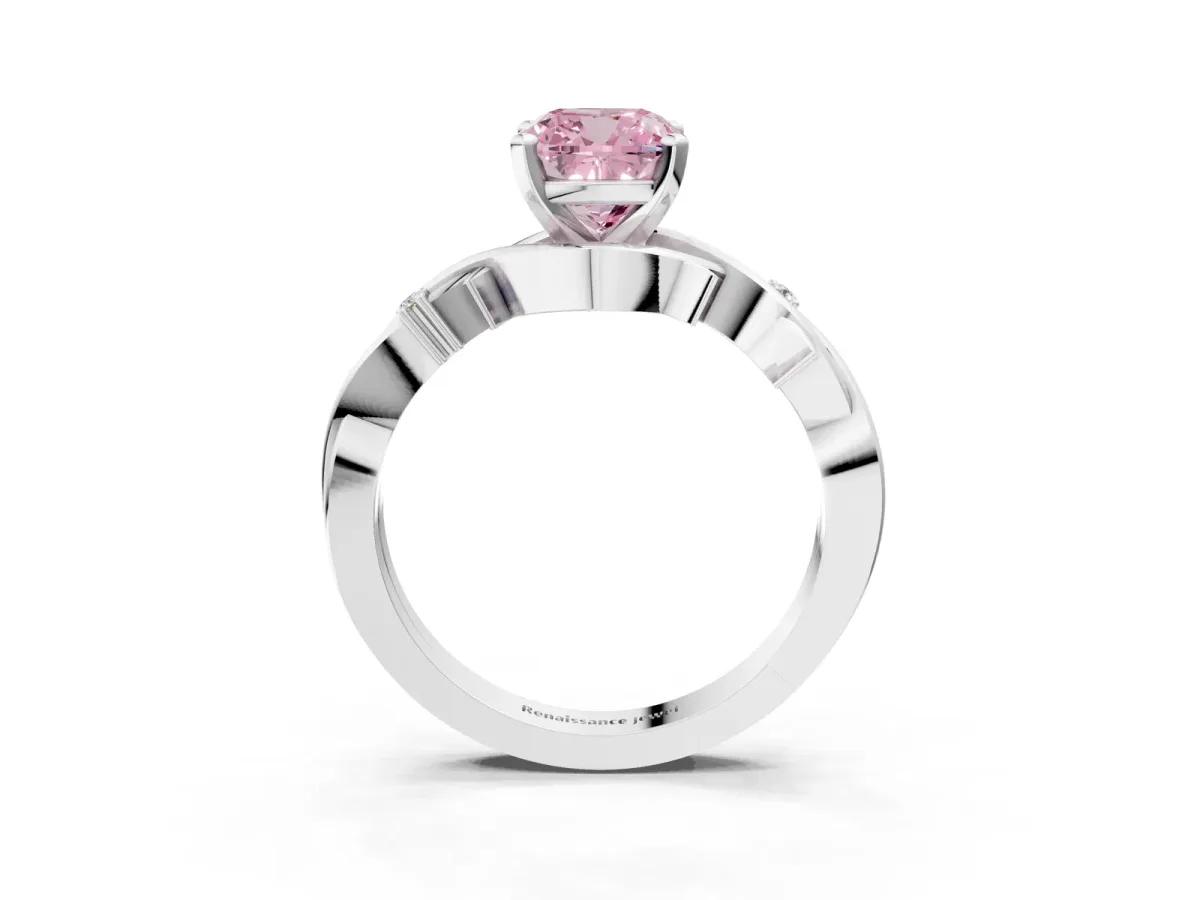 Fancy Pink Cushion Cut Diamond Solitaire Ring with Twisted Band and Prong Setting Silver