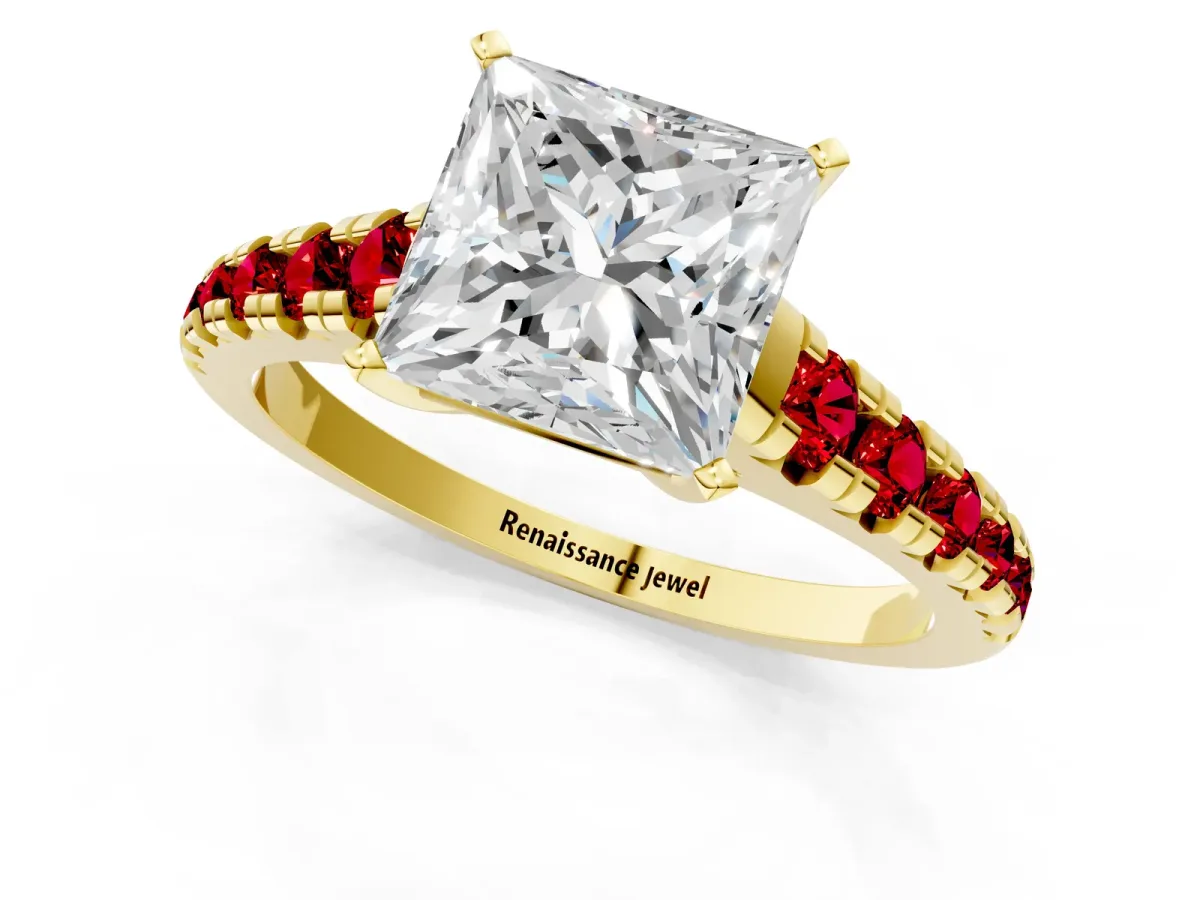 Princess Cut Diamond Cathedral Solitaire Ring with Round Ruby Pavé Band Yellow gold