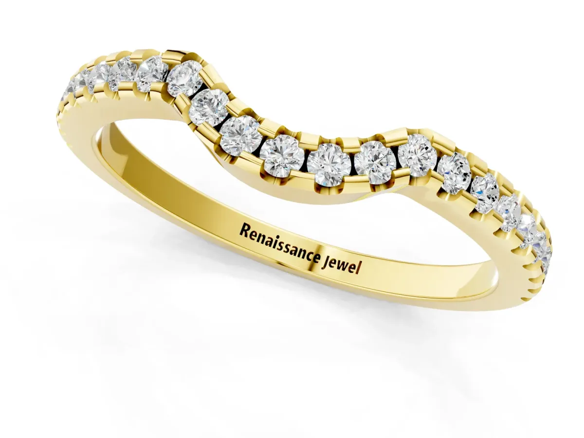 Pavé Round Diamond Curved Wedding Band with Shared Prong Setting Yellow gold