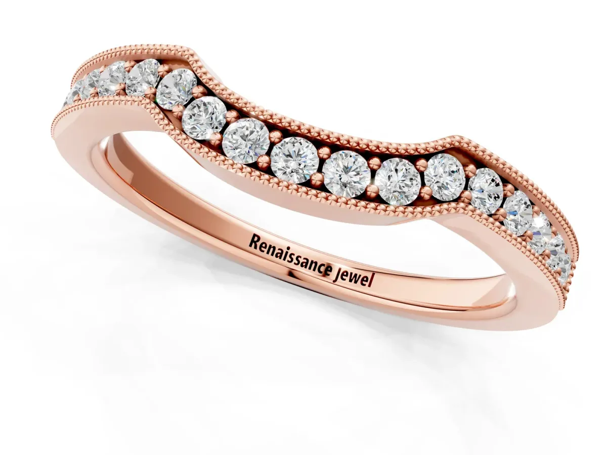 Curved Round Diamond Band with Milgrain Pavé Setting Rose gold