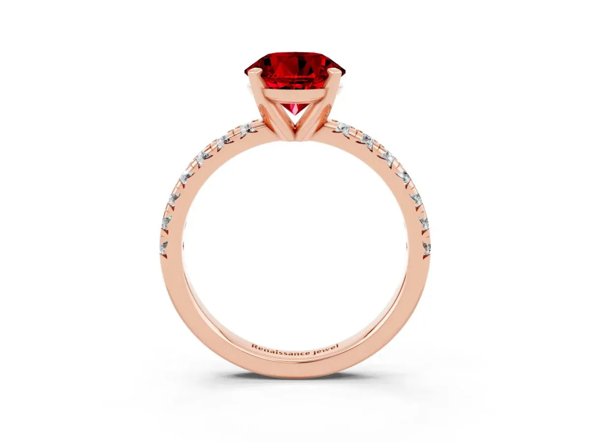Round Cut Ruby Solitaire Pavé Engagement Ring with Round Band and Prong Setting Rose gold