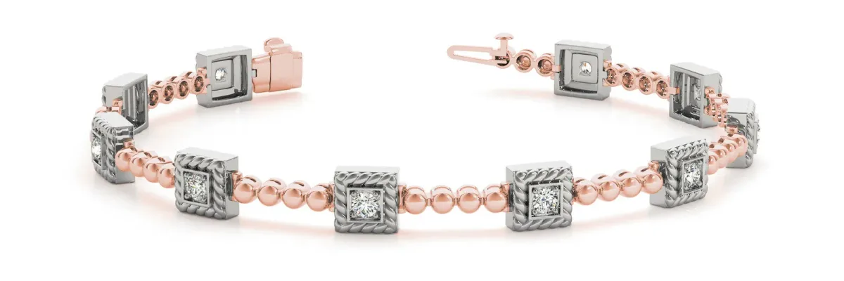 Square Bezel-Set Round Diamond Rope Link Bracelet Rose gold