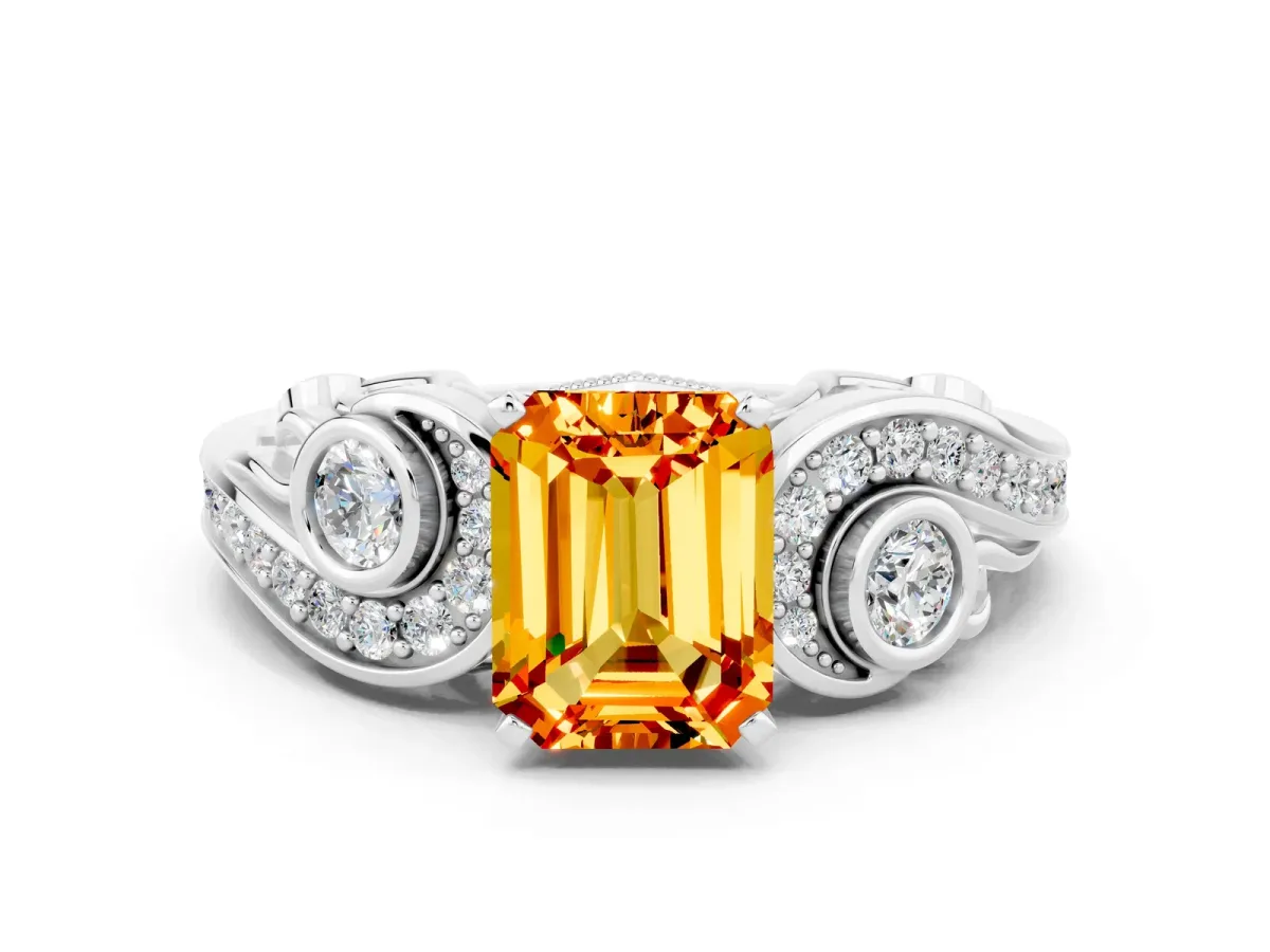 Emerald Cut Citrine Solitaire Ring with Milgrain Pavé Band and Four-Prong Setting Platinum