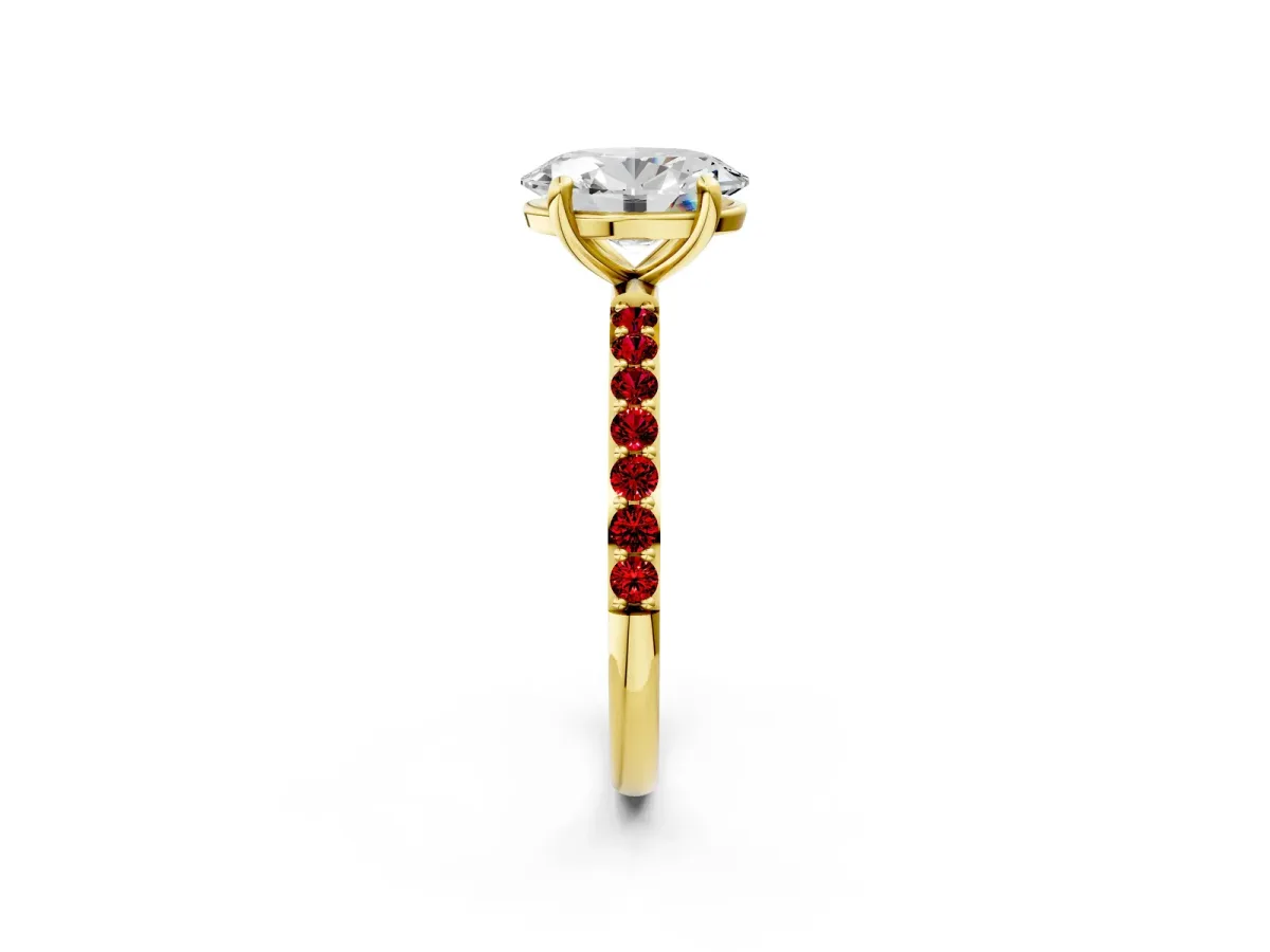 Oval Cut Diamond Solitaire Ring with Round Ruby Pavé Band and Prong Setting Yellow gold