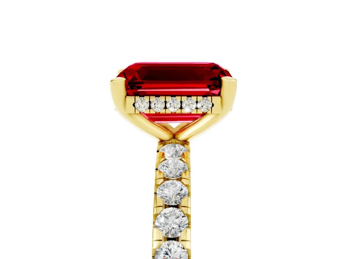 Emerald Cut Ruby Solitaire Ring with Round Pavé Band and Four-Prong Setting Yellow gold