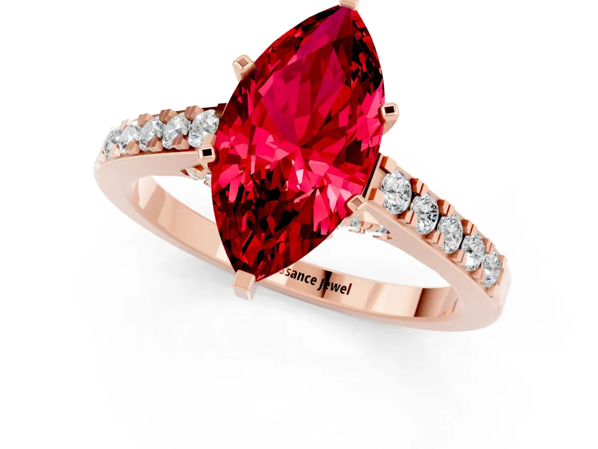 Marquise Cut Ruby Solitaire Ring with Crossover Gallery and Round Pavé Band Rose gold