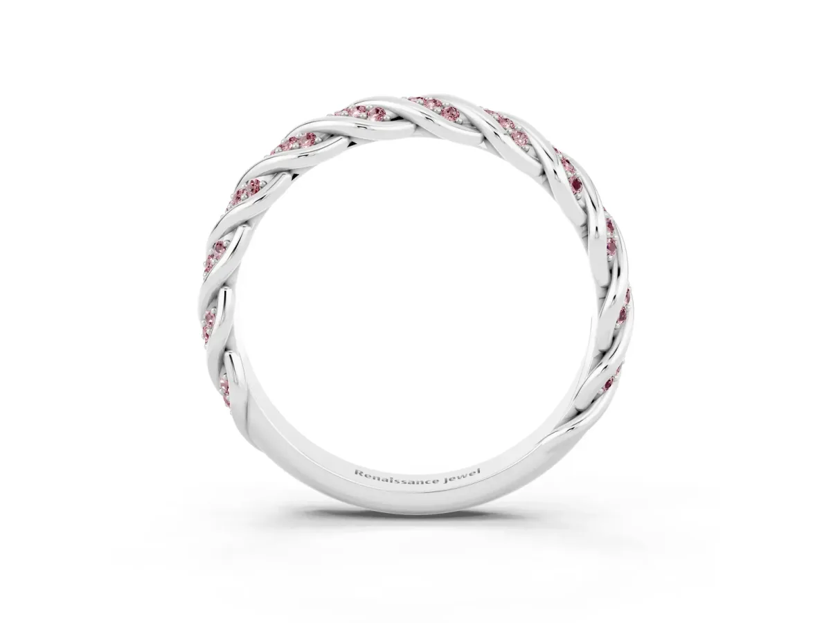 Twisted Pavé Round Morganite Eternity Band with Shared Prong Setting Silver