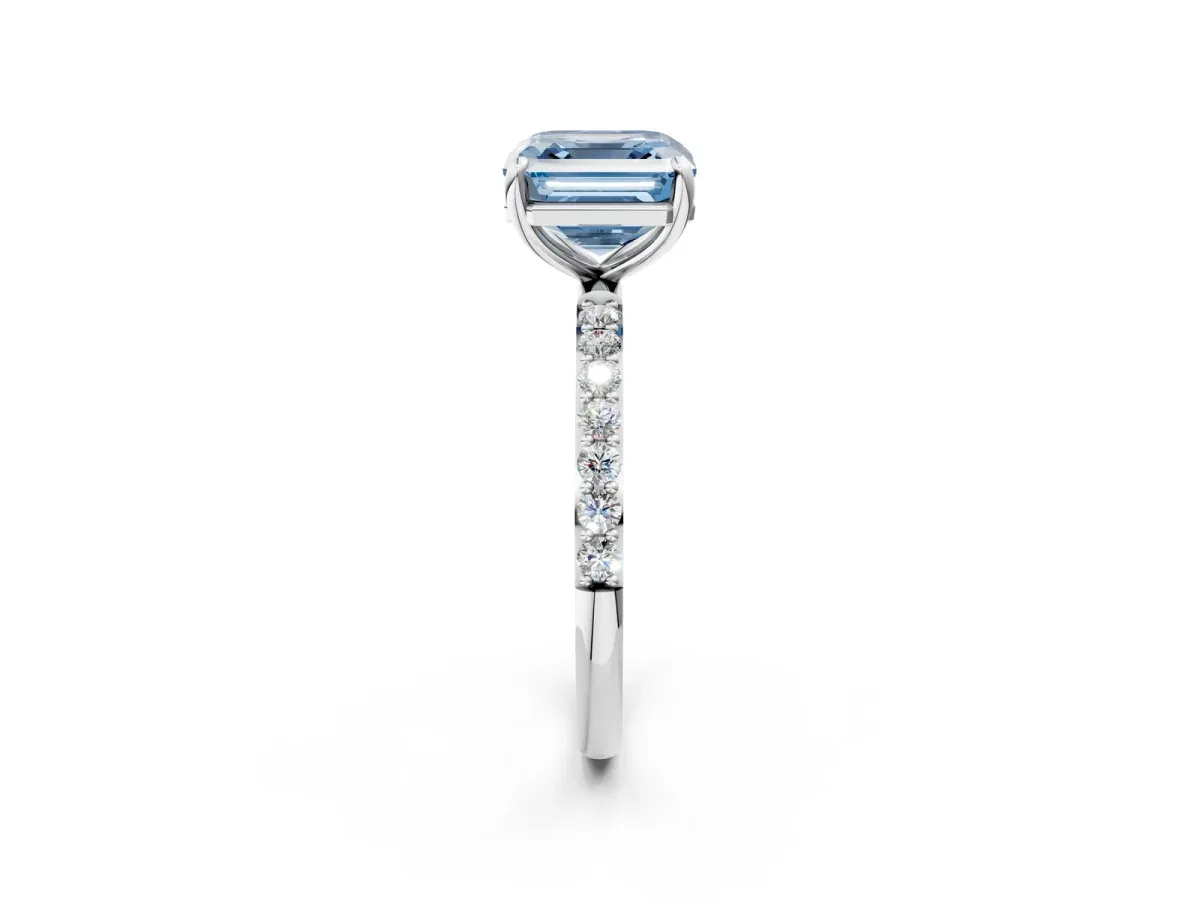 Fancy Blue Asscher Cut Diamond Solitaire Ring with Round Pavé Band and Prong Setting Platinum