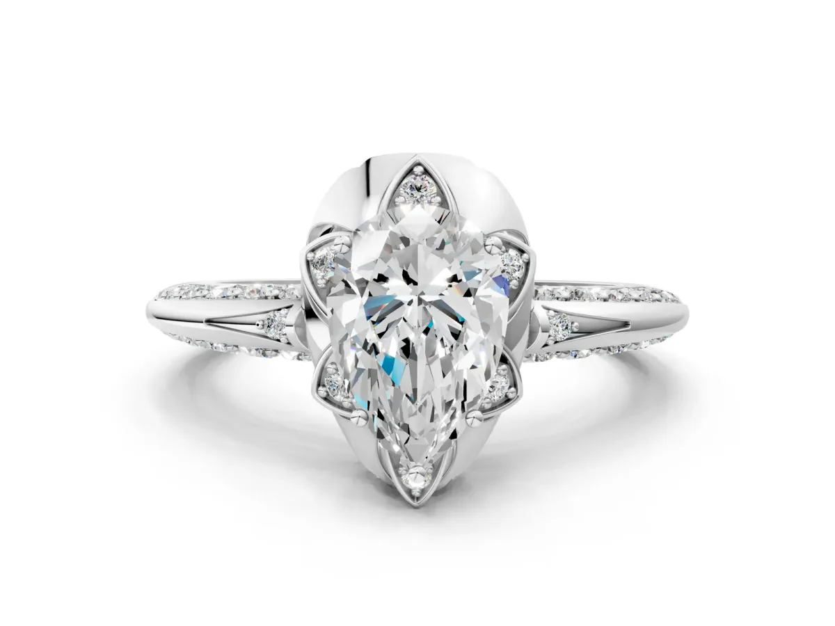 Pear Cut Halo Split Shank Pave Diamond Ring with Petal Prong Setting Platinum