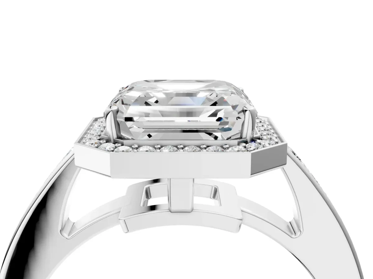 Asscher Cut Halo Pavé Diamond Engagement Ring with Bezel Setting Silver