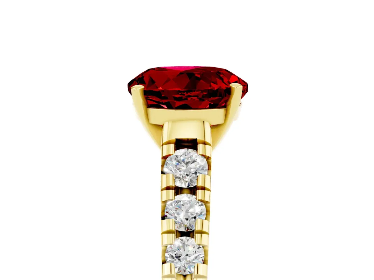Round Cut Ruby Cathedral Solitaire Ring with Round Pavé Band Yellow gold