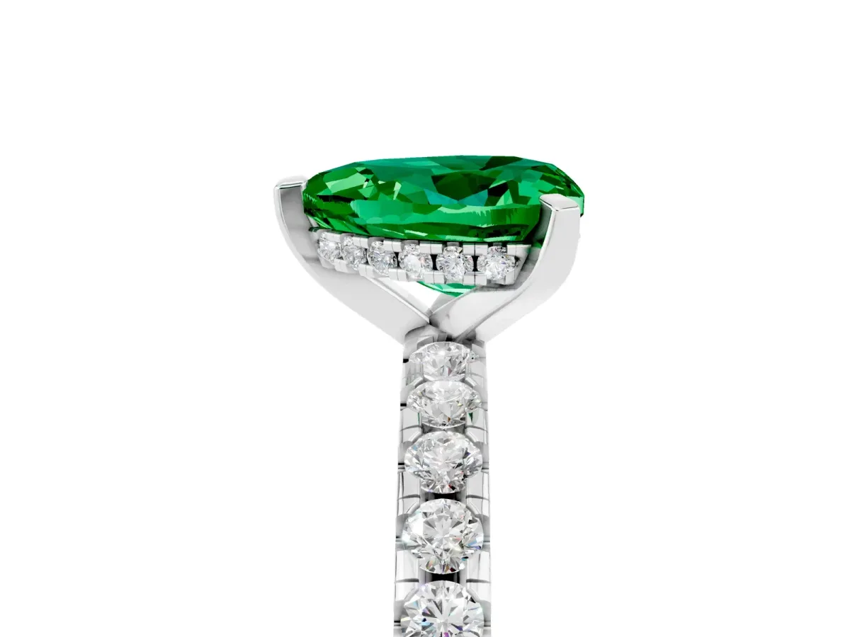 Heart Cut Emerald Solitaire Ring with Round Pavé Band and Four-Prong Setting Silver