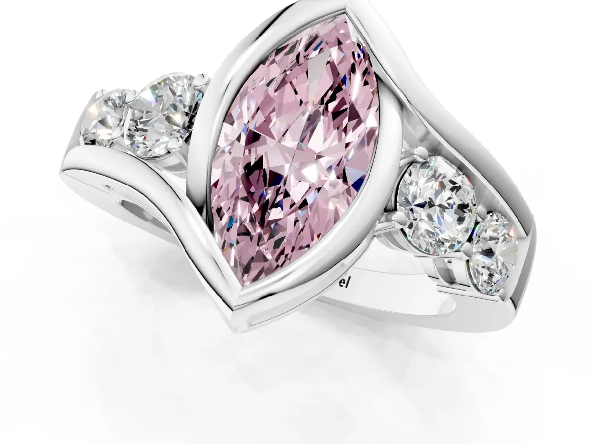 Fancy Pink Bezel Set Marquise Cut Diamond Bypass Ring with Round Accents Silver