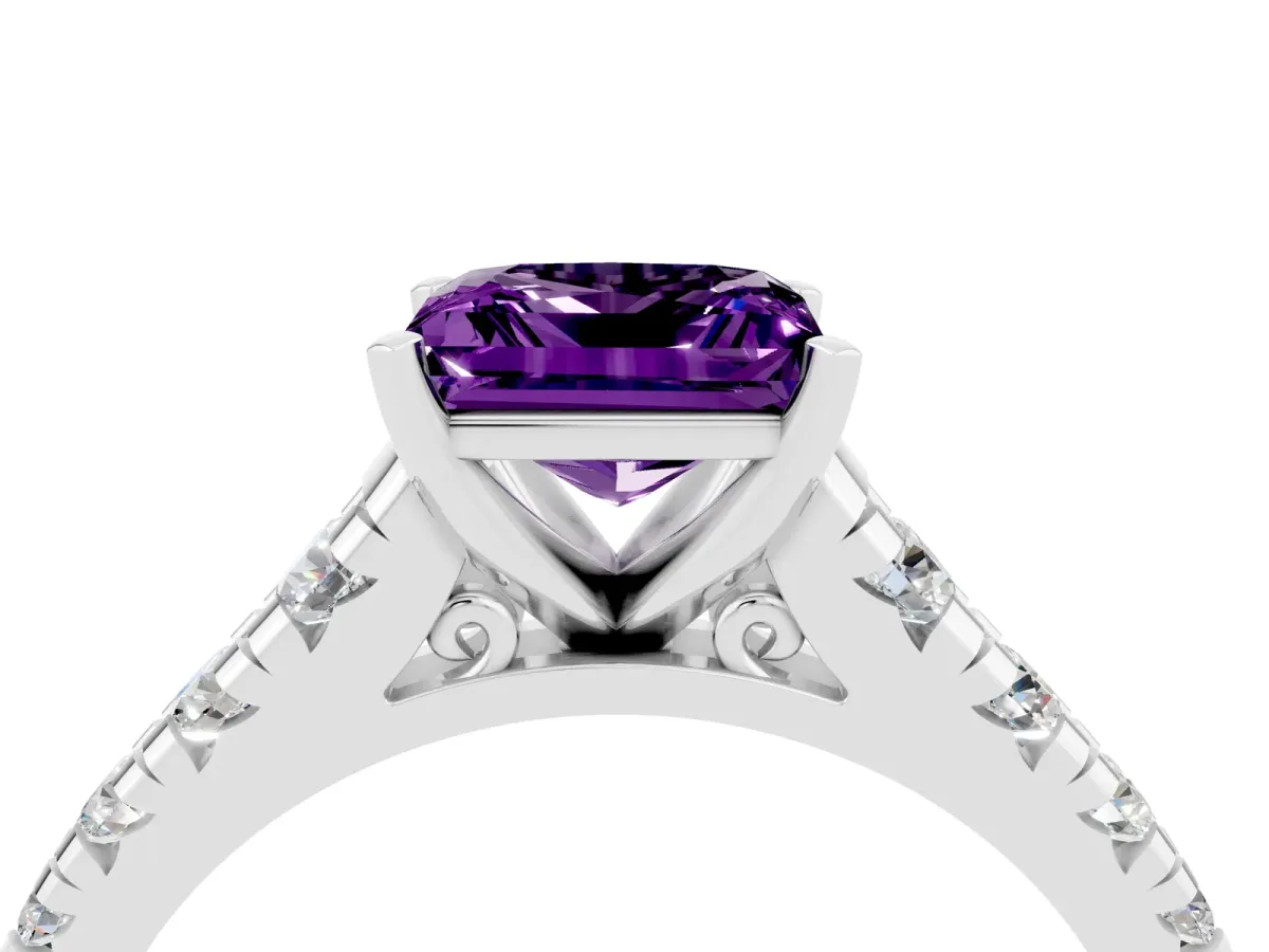 Princess Cut Amethyst Cathedral Solitaire Ring with Round Pavé Band Silver