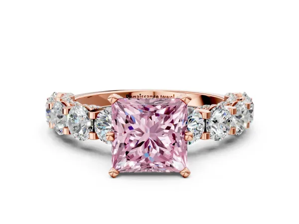 Fancy Pink Princess Cut Diamond Side Stone Engagement Ring with Four-Prong Setting Rose gold