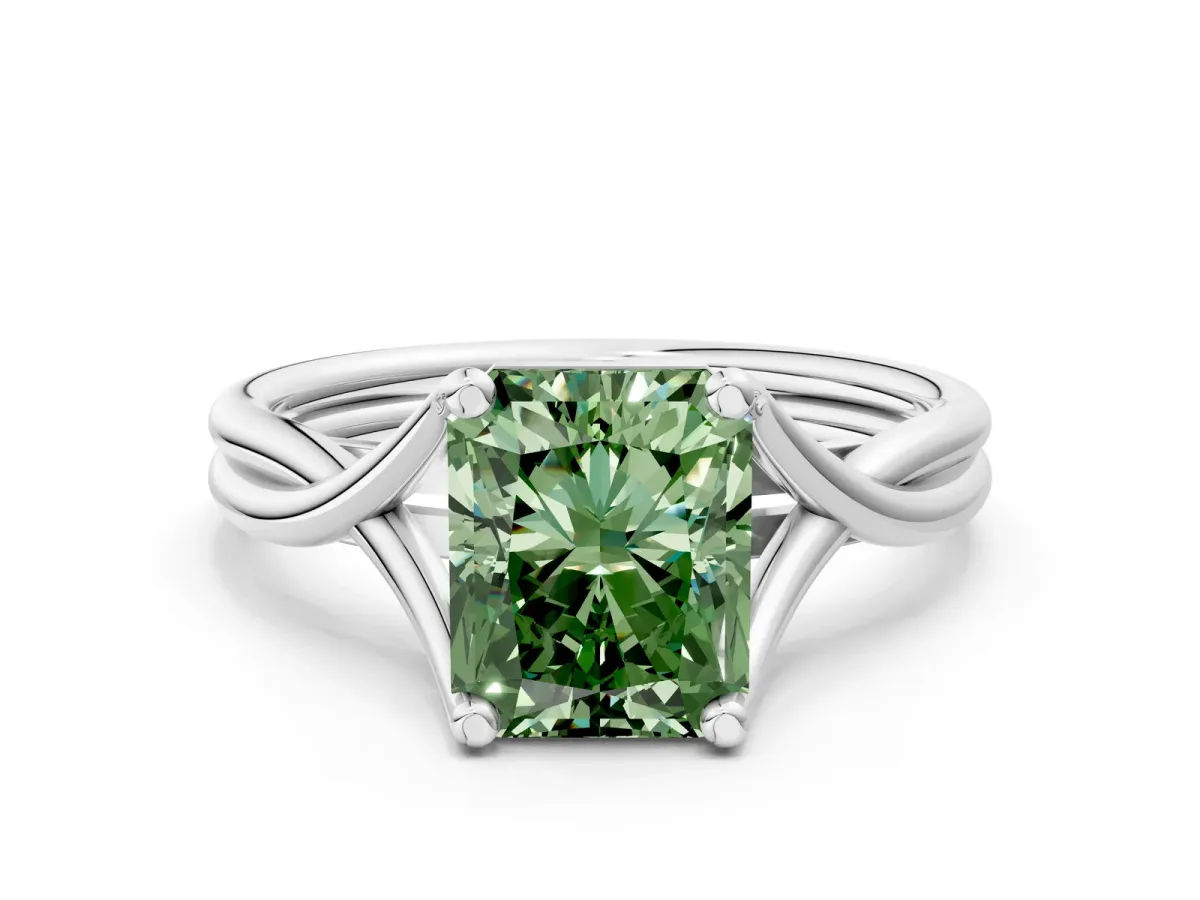 Fancy Green Radiant Cut Diamond Solitaire Twist Band Prong Setting Ring Platinum