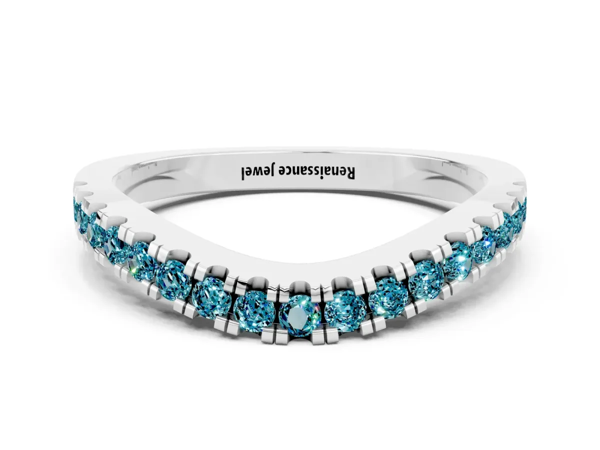 Round Blue Topaz Pavé Curved Band with Shared Prong Setting Silver